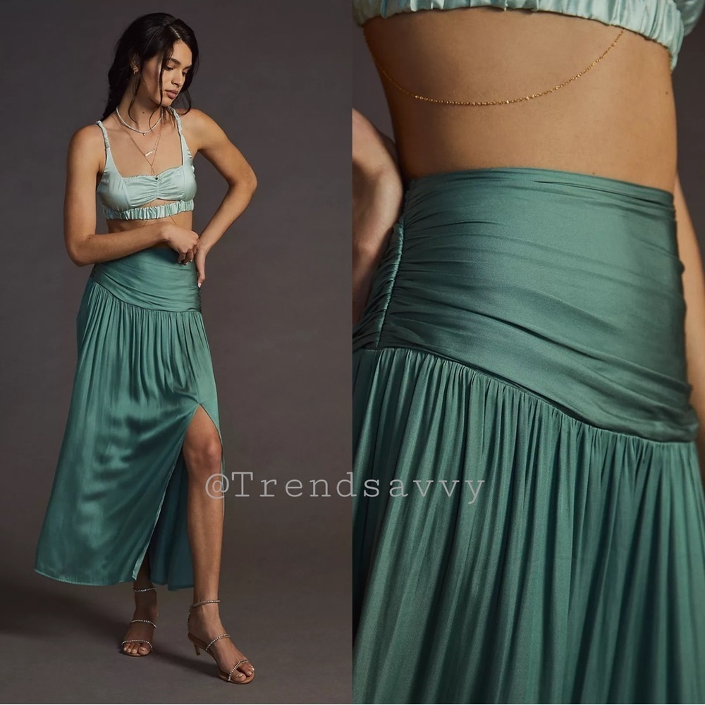 Anthropologie Current Air Green Satin Slit Midi Skirt XS Resort Vacation NWT